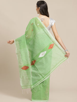 Green and White, Kalakari India Ikat Silk Cotton Woven Design Saree with Blouse SHBESA0054-Saree-Kalakari India-SHBESA0054-Bengal, Cotton, Geographical Indication, Hand Crafted, Heritage Prints, Ikkat, Natural Dyes, Red, Sarees, Sustainable Fabrics, Woven, Yellow-[Linen,Ethnic,wear,Fashionista,Handloom,Handicraft,Indigo,blockprint,block,print,Cotton,Chanderi,Blue, latest,classy,party,bollywood,trendy,summer,style,traditional,formal,elegant,unique,style,hand,block,print, dabu,booti,gift,present,g
