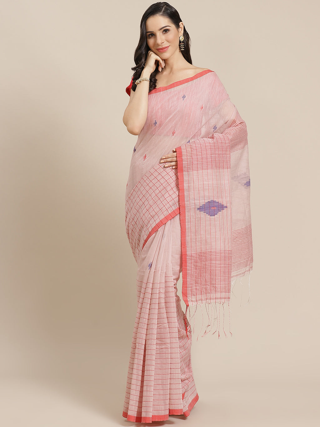 Pink and Red, Kalakari India Ikat Silk Cotton Woven Design Saree with Blouse SHBESA0055-Saree-Kalakari India-SHBESA0055-Bengal, Cotton, Geographical Indication, Hand Crafted, Heritage Prints, Ikkat, Natural Dyes, Red, Sarees, Sustainable Fabrics, Woven, Yellow-[Linen,Ethnic,wear,Fashionista,Handloom,Handicraft,Indigo,blockprint,block,print,Cotton,Chanderi,Blue, latest,classy,party,bollywood,trendy,summer,style,traditional,formal,elegant,unique,style,hand,block,print, dabu,booti,gift,present,glam