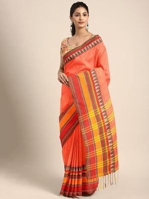 Orange Jamdani Woven Design Saree With Blouse Piece SHBESA0064 SHBESA0064-Saree-Kalakari India-SHBESA0064-Geographical Indication, Hand Crafted, Handloom, Heritage Prints, Jamdani, Natural Dyes, Pure Cotton, Sarees, Sustainable Fabrics, West Bengal, Woven-[Linen,Ethnic,wear,Fashionista,Handloom,Handicraft,Indigo,blockprint,block,print,Cotton,Chanderi,Blue, latest,classy,party,bollywood,trendy,summer,style,traditional,formal,elegant,unique,style,hand,block,print, dabu,booti,gift,present,glamorous