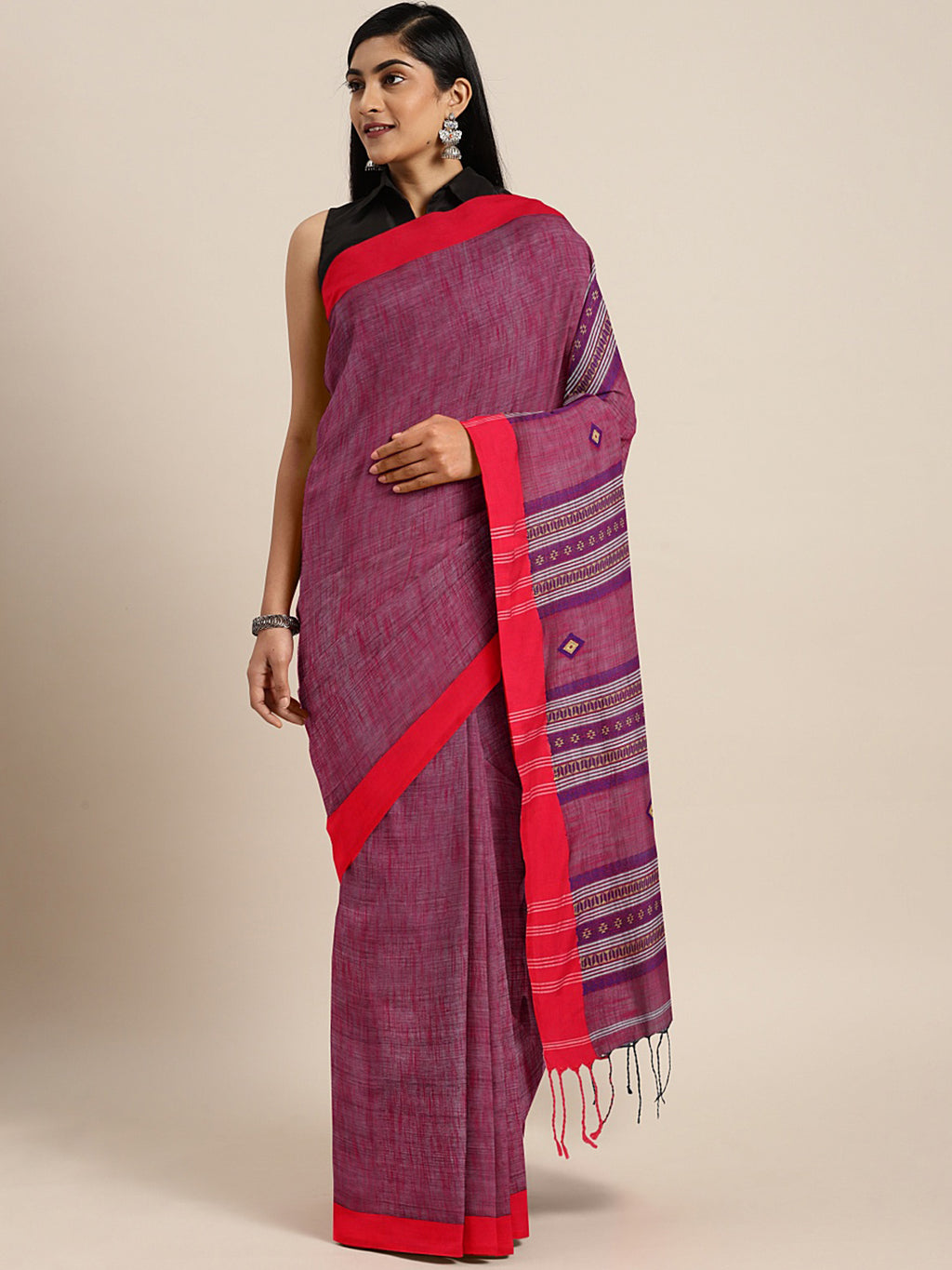 Purple Jamdani Woven Design Saree With Blouse Piece SHBESA0069 SHBESA0069-Saree-Kalakari India-SHBESA0069-Geographical Indication, Hand Crafted, Handloom, Heritage Prints, Jamdani, Natural Dyes, Pure Cotton, Sarees, Sustainable Fabrics, West Bengal, Woven-[Linen,Ethnic,wear,Fashionista,Handloom,Handicraft,Indigo,blockprint,block,print,Cotton,Chanderi,Blue, latest,classy,party,bollywood,trendy,summer,style,traditional,formal,elegant,unique,style,hand,block,print, dabu,booti,gift,present,glamorous