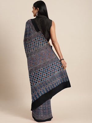Blue Ajrakh Handblock Print Saree With Blouse Piece SKAJSA0001 SKAJSA0001-Saree-Kalakari India-SKAJSA0001-Ajrakh, Geographical Indication, Gujrat, Hand Crafted, Heritage Prints, Natural Dyes, Pure Cotton, Sarees, Sustainable Fabrics, Woven-[Linen,Ethnic,wear,Fashionista,Handloom,Handicraft,Indigo,blockprint,block,print,Cotton,Chanderi,Blue, latest,classy,party,bollywood,trendy,summer,style,traditional,formal,elegant,unique,style,hand,block,print, dabu,booti,gift,present,glamorous,affordable,coll