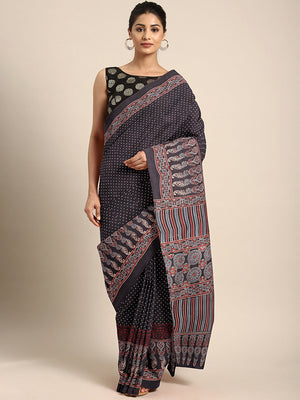 Brown Ajrakh Handblock Print Saree With Blouse Piece SKAJSA0004 SKAJSA0004-Saree-Kalakari India-SKAJSA0004-Ajrakh, Geographical Indication, Gujrat, Hand Crafted, Heritage Prints, Natural Dyes, Pure Cotton, Sarees, Sustainable Fabrics, Woven-[Linen,Ethnic,wear,Fashionista,Handloom,Handicraft,Indigo,blockprint,block,print,Cotton,Chanderi,Blue, latest,classy,party,bollywood,trendy,summer,style,traditional,formal,elegant,unique,style,hand,block,print, dabu,booti,gift,present,glamorous,affordable,col
