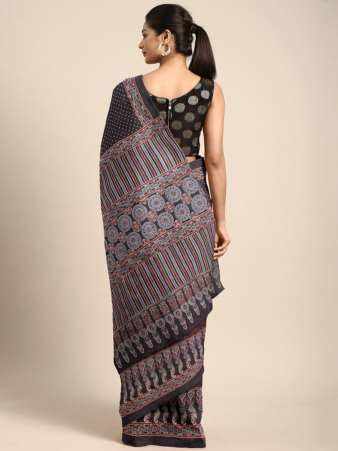 Brown Ajrakh Handblock Print Saree With Blouse Piece SKAJSA0004 SKAJSA0004-Saree-Kalakari India-SKAJSA0004-Ajrakh, Geographical Indication, Gujrat, Hand Crafted, Heritage Prints, Natural Dyes, Pure Cotton, Sarees, Sustainable Fabrics, Woven-[Linen,Ethnic,wear,Fashionista,Handloom,Handicraft,Indigo,blockprint,block,print,Cotton,Chanderi,Blue, latest,classy,party,bollywood,trendy,summer,style,traditional,formal,elegant,unique,style,hand,block,print, dabu,booti,gift,present,glamorous,affordable,col