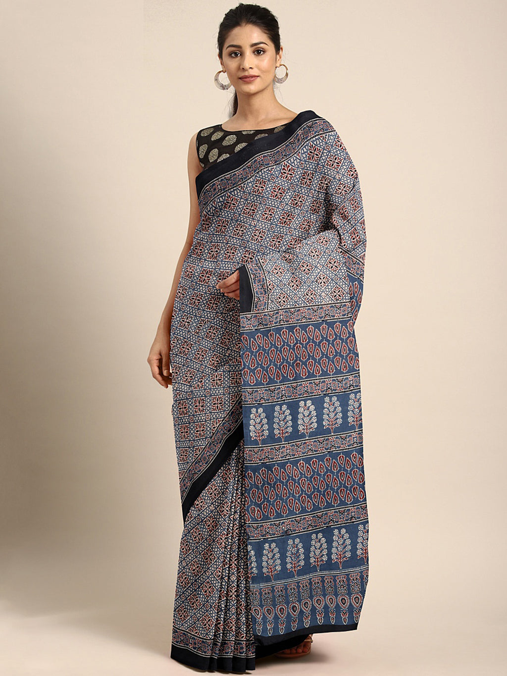 Blue Ajrakh Handblock Print Saree With Blouse Piece SKAJSA0005 SKAJSA0005-Saree-Kalakari India-SKAJSA0005-Ajrakh, Geographical Indication, Gujrat, Hand Crafted, Heritage Prints, Natural Dyes, Pure Cotton, Sarees, Sustainable Fabrics, Woven-[Linen,Ethnic,wear,Fashionista,Handloom,Handicraft,Indigo,blockprint,block,print,Cotton,Chanderi,Blue, latest,classy,party,bollywood,trendy,summer,style,traditional,formal,elegant,unique,style,hand,block,print, dabu,booti,gift,present,glamorous,affordable,coll