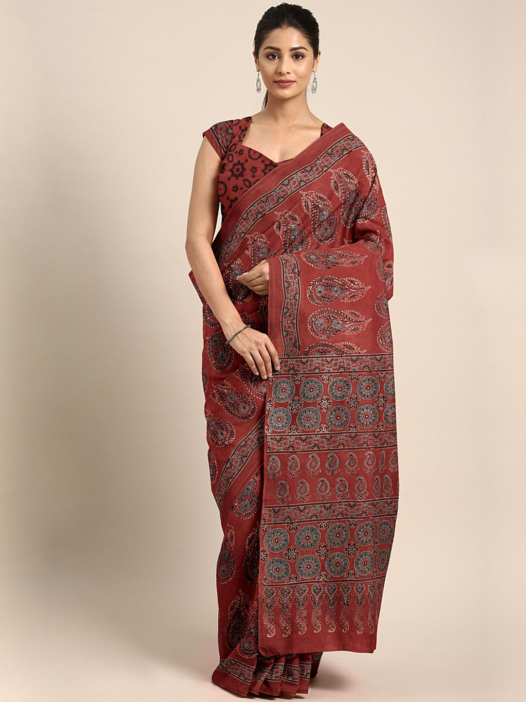 Red Ajrakh Handblock Print Saree With Blouse Piece SKAJSA0006 SKAJSA0006-Saree-Kalakari India-SKAJSA0006-Ajrakh, Geographical Indication, Gujrat, Hand Crafted, Heritage Prints, Natural Dyes, Pure Cotton, Sarees, Sustainable Fabrics, Woven-[Linen,Ethnic,wear,Fashionista,Handloom,Handicraft,Indigo,blockprint,block,print,Cotton,Chanderi,Blue, latest,classy,party,bollywood,trendy,summer,style,traditional,formal,elegant,unique,style,hand,block,print, dabu,booti,gift,present,glamorous,affordable,colle
