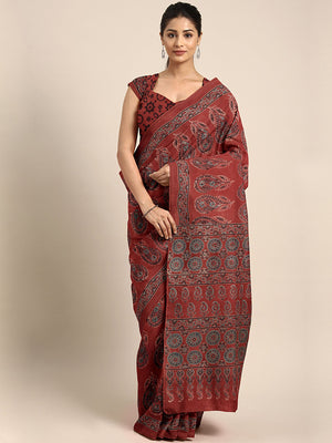 Red Ajrakh Handblock Print Saree With Blouse Piece SKAJSA0006 SKAJSA0006-Saree-Kalakari India-SKAJSA0006-Ajrakh, Geographical Indication, Gujrat, Hand Crafted, Heritage Prints, Natural Dyes, Pure Cotton, Sarees, Sustainable Fabrics, Woven-[Linen,Ethnic,wear,Fashionista,Handloom,Handicraft,Indigo,blockprint,block,print,Cotton,Chanderi,Blue, latest,classy,party,bollywood,trendy,summer,style,traditional,formal,elegant,unique,style,hand,block,print, dabu,booti,gift,present,glamorous,affordable,colle