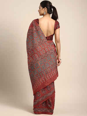 Red Ajrakh Handblock Print Saree With Blouse Piece SKAJSA0006 SKAJSA0006-Saree-Kalakari India-SKAJSA0006-Ajrakh, Geographical Indication, Gujrat, Hand Crafted, Heritage Prints, Natural Dyes, Pure Cotton, Sarees, Sustainable Fabrics, Woven-[Linen,Ethnic,wear,Fashionista,Handloom,Handicraft,Indigo,blockprint,block,print,Cotton,Chanderi,Blue, latest,classy,party,bollywood,trendy,summer,style,traditional,formal,elegant,unique,style,hand,block,print, dabu,booti,gift,present,glamorous,affordable,colle