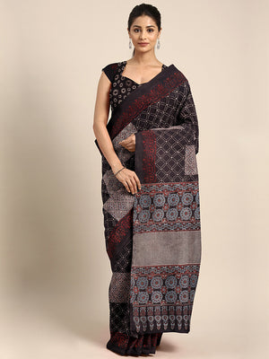 Brown Ajrakh Handblock Print Saree With Blouse Piece SKAJSA0007 SKAJSA0007-Saree-Kalakari India-SKAJSA0007-Ajrakh, Geographical Indication, Gujrat, Hand Crafted, Heritage Prints, Natural Dyes, Pure Cotton, Sarees, Sustainable Fabrics, Woven-[Linen,Ethnic,wear,Fashionista,Handloom,Handicraft,Indigo,blockprint,block,print,Cotton,Chanderi,Blue, latest,classy,party,bollywood,trendy,summer,style,traditional,formal,elegant,unique,style,hand,block,print, dabu,booti,gift,present,glamorous,affordable,col