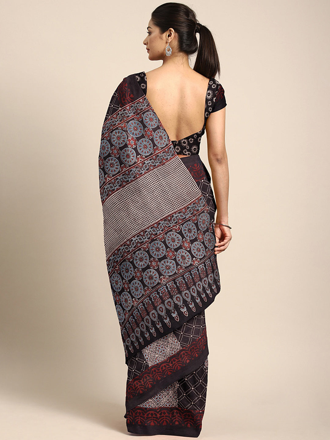 Brown Ajrakh Handblock Print Saree With Blouse Piece SKAJSA0007 SKAJSA0007-Saree-Kalakari India-SKAJSA0007-Ajrakh, Geographical Indication, Gujrat, Hand Crafted, Heritage Prints, Natural Dyes, Pure Cotton, Sarees, Sustainable Fabrics, Woven-[Linen,Ethnic,wear,Fashionista,Handloom,Handicraft,Indigo,blockprint,block,print,Cotton,Chanderi,Blue, latest,classy,party,bollywood,trendy,summer,style,traditional,formal,elegant,unique,style,hand,block,print, dabu,booti,gift,present,glamorous,affordable,col