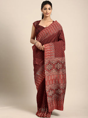 Red Ajrakh Handblock Print Saree With Blouse Piece SKAJSA0008 SKAJSA0008-Saree-Kalakari India-SKAJSA0008-Ajrakh, Geographical Indication, Gujrat, Hand Crafted, Heritage Prints, Natural Dyes, Pure Cotton, Sarees, Sustainable Fabrics, Woven-[Linen,Ethnic,wear,Fashionista,Handloom,Handicraft,Indigo,blockprint,block,print,Cotton,Chanderi,Blue, latest,classy,party,bollywood,trendy,summer,style,traditional,formal,elegant,unique,style,hand,block,print, dabu,booti,gift,present,glamorous,affordable,colle