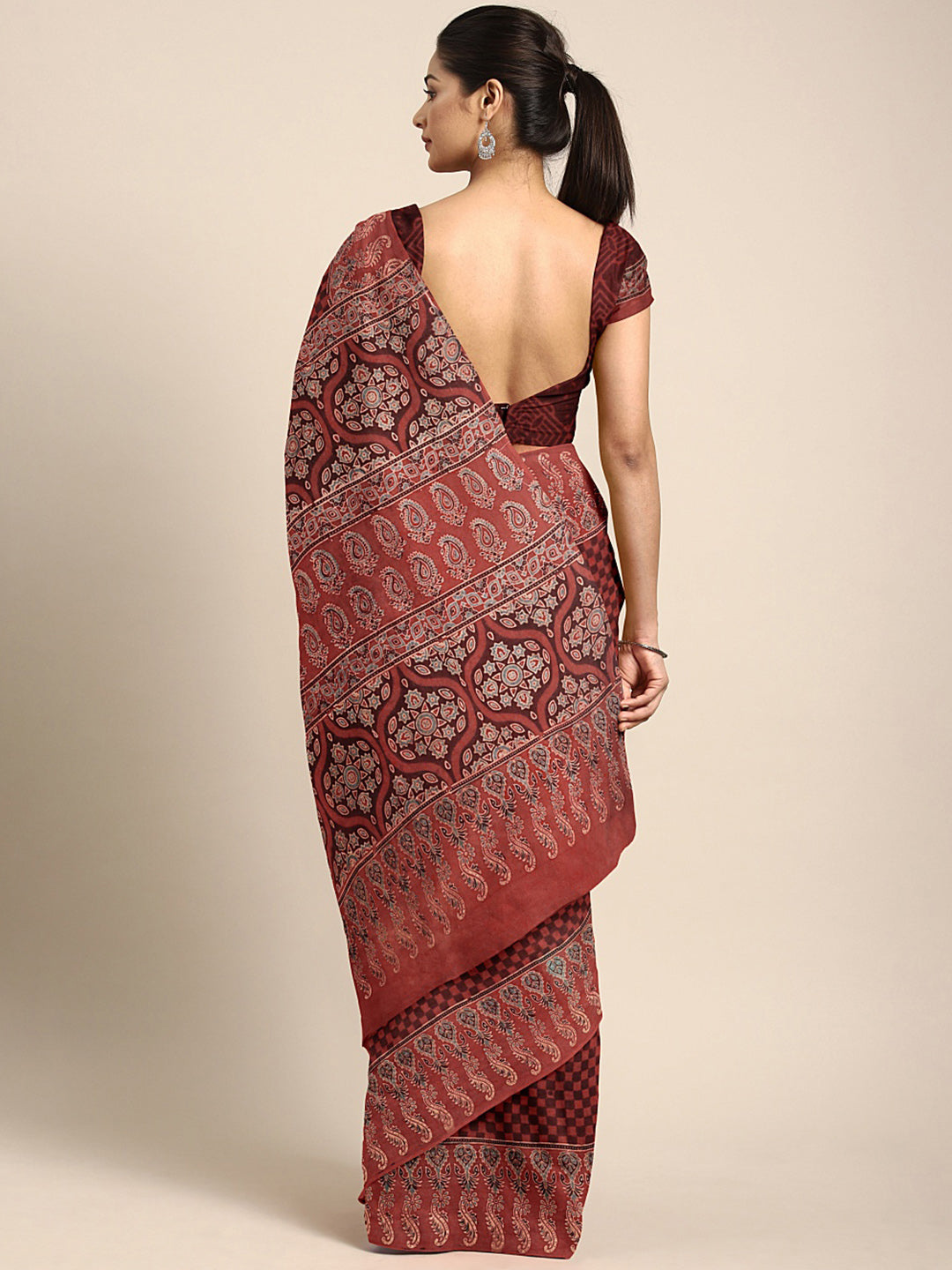 Red Ajrakh Handblock Print Saree With Blouse Piece SKAJSA0008 SKAJSA0008-Saree-Kalakari India-SKAJSA0008-Ajrakh, Geographical Indication, Gujrat, Hand Crafted, Heritage Prints, Natural Dyes, Pure Cotton, Sarees, Sustainable Fabrics, Woven-[Linen,Ethnic,wear,Fashionista,Handloom,Handicraft,Indigo,blockprint,block,print,Cotton,Chanderi,Blue, latest,classy,party,bollywood,trendy,summer,style,traditional,formal,elegant,unique,style,hand,block,print, dabu,booti,gift,present,glamorous,affordable,colle