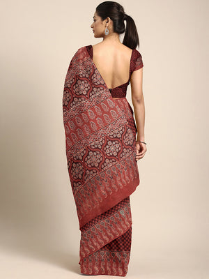 Red Ajrakh Handblock Print Saree With Blouse Piece SKAJSA0008 SKAJSA0008-Saree-Kalakari India-SKAJSA0008-Ajrakh, Geographical Indication, Gujrat, Hand Crafted, Heritage Prints, Natural Dyes, Pure Cotton, Sarees, Sustainable Fabrics, Woven-[Linen,Ethnic,wear,Fashionista,Handloom,Handicraft,Indigo,blockprint,block,print,Cotton,Chanderi,Blue, latest,classy,party,bollywood,trendy,summer,style,traditional,formal,elegant,unique,style,hand,block,print, dabu,booti,gift,present,glamorous,affordable,colle