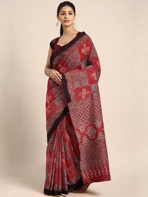 Red Ajrakh Handblock Print Saree With Blouse Piece SKAJSA0010 SKAJSA0010-Saree-Kalakari India-SKAJSA0010-Ajrakh, Geographical Indication, Gujrat, Hand Crafted, Heritage Prints, Natural Dyes, Pure Cotton, Sarees, Sustainable Fabrics, Woven-[Linen,Ethnic,wear,Fashionista,Handloom,Handicraft,Indigo,blockprint,block,print,Cotton,Chanderi,Blue, latest,classy,party,bollywood,trendy,summer,style,traditional,formal,elegant,unique,style,hand,block,print, dabu,booti,gift,present,glamorous,affordable,colle