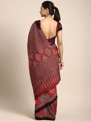 Red Ajrakh Handblock Print Saree With Blouse Piece SKAJSA0010 SKAJSA0010-Saree-Kalakari India-SKAJSA0010-Ajrakh, Geographical Indication, Gujrat, Hand Crafted, Heritage Prints, Natural Dyes, Pure Cotton, Sarees, Sustainable Fabrics, Woven-[Linen,Ethnic,wear,Fashionista,Handloom,Handicraft,Indigo,blockprint,block,print,Cotton,Chanderi,Blue, latest,classy,party,bollywood,trendy,summer,style,traditional,formal,elegant,unique,style,hand,block,print, dabu,booti,gift,present,glamorous,affordable,colle