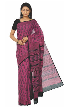 Kalakari India Pink Bagh Hand block Print Handcrafted Cotton Saree-Saree-Kalakari India-ZIBASA0005-Bagh, Cotton, Geographical Indication, Hand Blocks, Hand Crafted, Heritage Prints, Natural Dyes, Sarees, Sustainable Fabrics-[Linen,Ethnic,wear,Fashionista,Handloom,Handicraft,Indigo,blockprint,block,print,Cotton,Chanderi,Blue, latest,classy,party,bollywood,trendy,summer,style,traditional,formal,elegant,unique,style,hand,block,print, dabu,booti,gift,present,glamorous,affordable,collectible,Sari,Sar