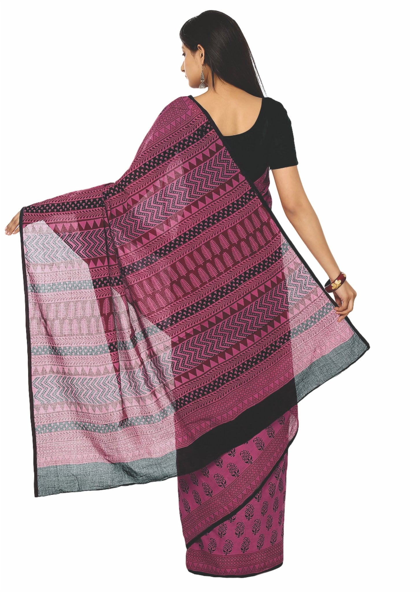 Kalakari India Pink Bagh Hand block Print Handcrafted Cotton Saree-Saree-Kalakari India-ZIBASA0005-Bagh, Cotton, Geographical Indication, Hand Blocks, Hand Crafted, Heritage Prints, Natural Dyes, Sarees, Sustainable Fabrics-[Linen,Ethnic,wear,Fashionista,Handloom,Handicraft,Indigo,blockprint,block,print,Cotton,Chanderi,Blue, latest,classy,party,bollywood,trendy,summer,style,traditional,formal,elegant,unique,style,hand,block,print, dabu,booti,gift,present,glamorous,affordable,collectible,Sari,Sar