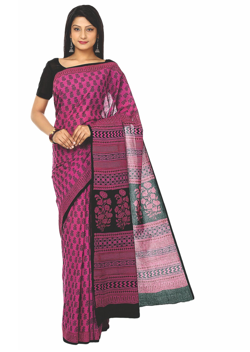 Kalakari India Pink Bagh Handblock Print Handcrafted Cotton Saree-Saree-Kalakari India-ZIBASA0007-Bagh, Cotton, Geographical Indication, Hand Blocks, Hand Crafted, Heritage Prints, Natural Dyes, Sarees, Sustainable Fabrics-[Linen,Ethnic,wear,Fashionista,Handloom,Handicraft,Indigo,blockprint,block,print,Cotton,Chanderi,Blue, latest,classy,party,bollywood,trendy,summer,style,traditional,formal,elegant,unique,style,hand,block,print, dabu,booti,gift,present,glamorous,affordable,collectible,Sari,Sare