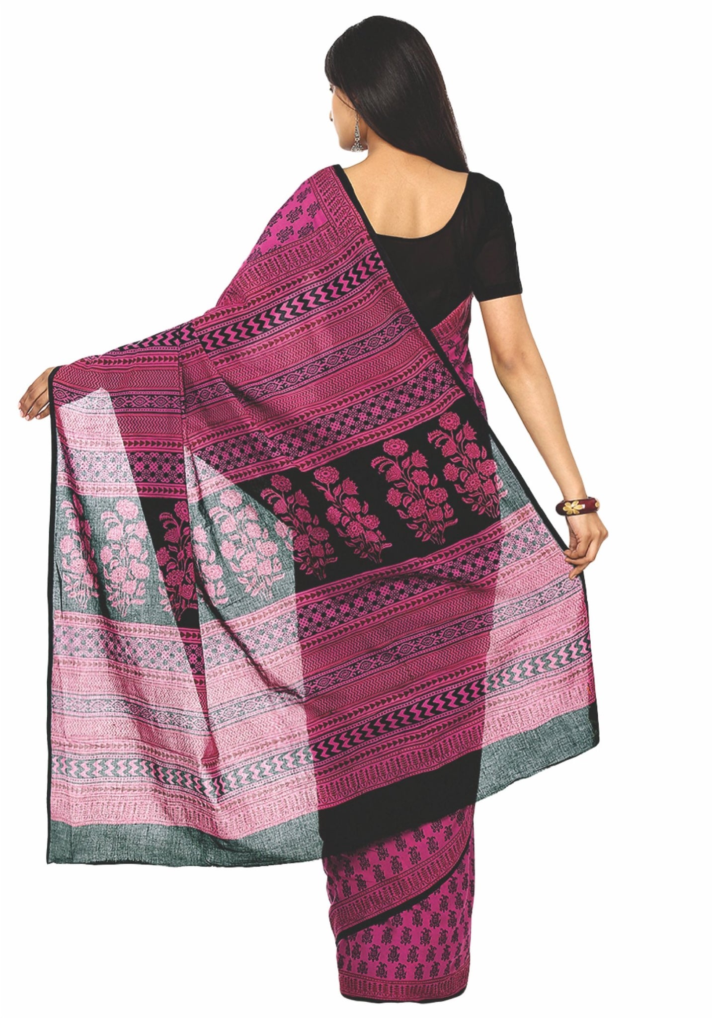 Kalakari India Pink Bagh Handblock Print Handcrafted Cotton Saree-Saree-Kalakari India-ZIBASA0007-Bagh, Cotton, Geographical Indication, Hand Blocks, Hand Crafted, Heritage Prints, Natural Dyes, Sarees, Sustainable Fabrics-[Linen,Ethnic,wear,Fashionista,Handloom,Handicraft,Indigo,blockprint,block,print,Cotton,Chanderi,Blue, latest,classy,party,bollywood,trendy,summer,style,traditional,formal,elegant,unique,style,hand,block,print, dabu,booti,gift,present,glamorous,affordable,collectible,Sari,Sare