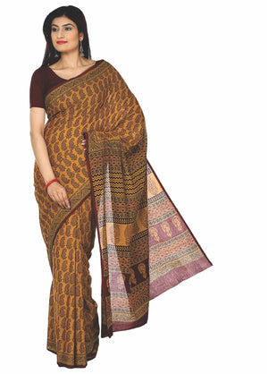 Kalakari India Mustard Yellow Bagh Handblock Print Handcrafted Cotton Saree-Saree-Kalakari India-ZIBASA0009-Bagh, Cotton, Geographical Indication, Hand Blocks, Hand Crafted, Heritage Prints, Natural Dyes, Sarees, Sustainable Fabrics-[Linen,Ethnic,wear,Fashionista,Handloom,Handicraft,Indigo,blockprint,block,print,Cotton,Chanderi,Blue, latest,classy,party,bollywood,trendy,summer,style,traditional,formal,elegant,unique,style,hand,block,print, dabu,booti,gift,present,glamorous,affordable,collectible