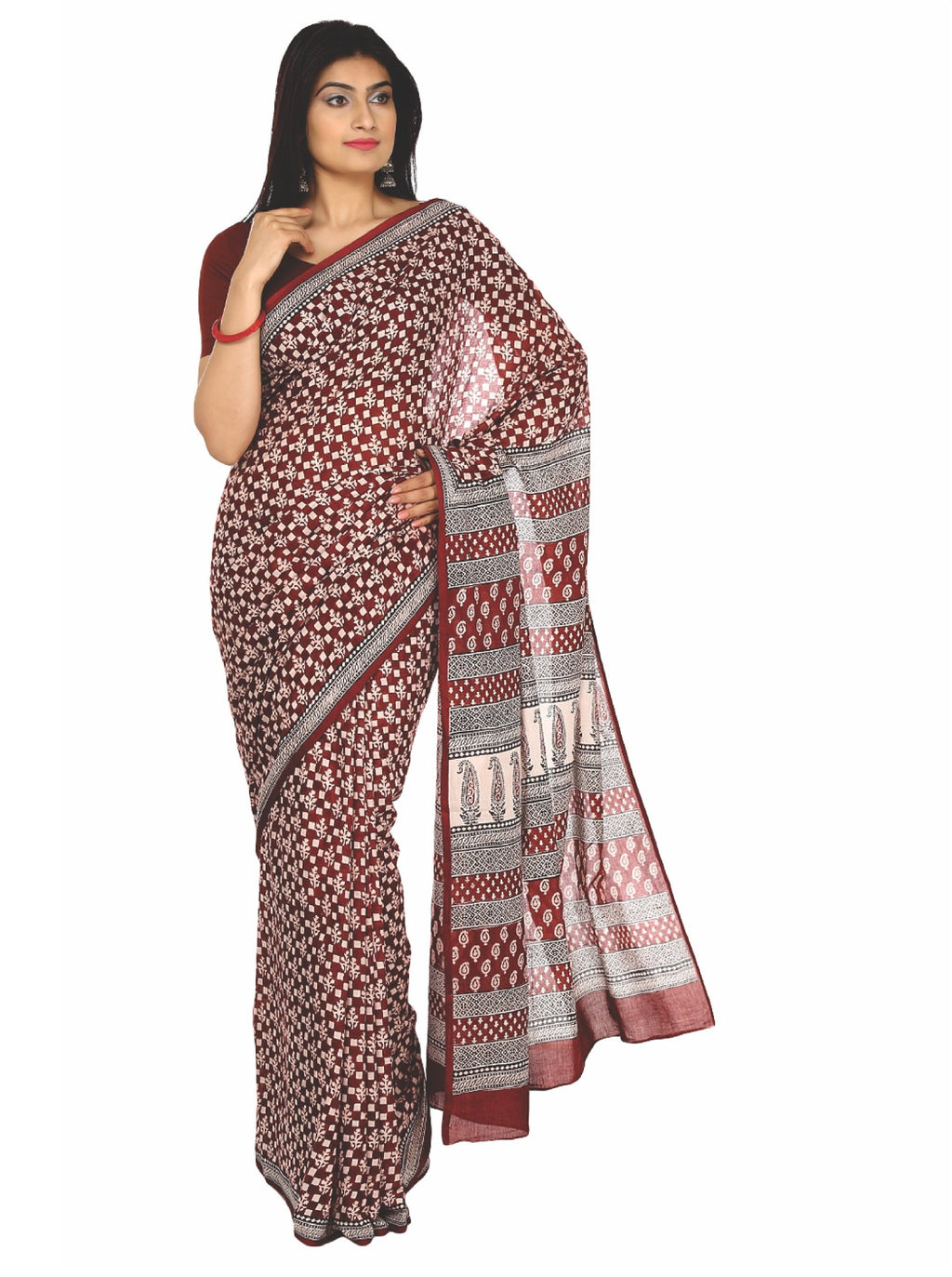 Kalakari India Maroon & Beige Bagh Handblock Print Handcrafted Cotton Saree-Saree-Kalakari India-ZIBASA0010-Bagh, Cotton, Geographical Indication, Hand Blocks, Hand Crafted, Heritage Prints, Natural Dyes, Sarees, Sustainable Fabrics-[Linen,Ethnic,wear,Fashionista,Handloom,Handicraft,Indigo,blockprint,block,print,Cotton,Chanderi,Blue, latest,classy,party,bollywood,trendy,summer,style,traditional,formal,elegant,unique,style,hand,block,print, dabu,booti,gift,present,glamorous,affordable,collectible
