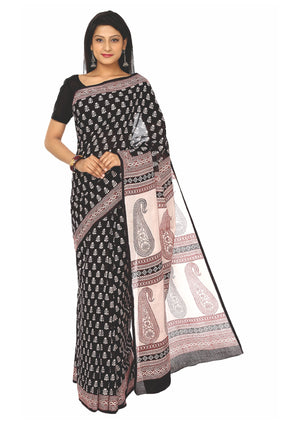 Kalakari India Black Cotton Bagh Handblock Print Handcrafted Cotton Saree-Saree-Kalakari India-ZIBASA0011-Bagh, Cotton, Geographical Indication, Hand Blocks, Hand Crafted, Heritage Prints, Natural Dyes, Sarees, Sustainable Fabrics-[Linen,Ethnic,wear,Fashionista,Handloom,Handicraft,Indigo,blockprint,block,print,Cotton,Chanderi,Blue, latest,classy,party,bollywood,trendy,summer,style,traditional,formal,elegant,unique,style,hand,block,print, dabu,booti,gift,present,glamorous,affordable,collectible,S