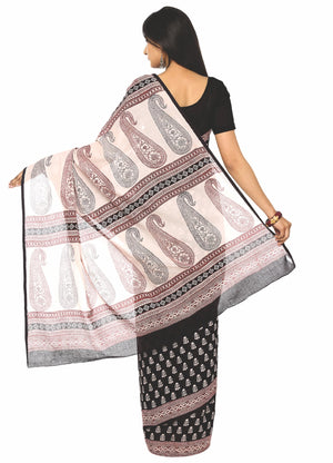 Kalakari India Black Cotton Bagh Handblock Print Handcrafted Cotton Saree-Saree-Kalakari India-ZIBASA0011-Bagh, Cotton, Geographical Indication, Hand Blocks, Hand Crafted, Heritage Prints, Natural Dyes, Sarees, Sustainable Fabrics-[Linen,Ethnic,wear,Fashionista,Handloom,Handicraft,Indigo,blockprint,block,print,Cotton,Chanderi,Blue, latest,classy,party,bollywood,trendy,summer,style,traditional,formal,elegant,unique,style,hand,block,print, dabu,booti,gift,present,glamorous,affordable,collectible,S