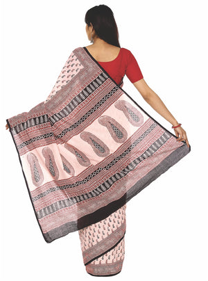 Kalakari India Off-White Bagh Handblock Print Handcrafted Cotton Saree-Saree-Kalakari India-ZIBASA0012-Bagh, Cotton, Geographical Indication, Hand Blocks, Hand Crafted, Heritage Prints, Natural Dyes, Sarees, Sustainable Fabrics-[Linen,Ethnic,wear,Fashionista,Handloom,Handicraft,Indigo,blockprint,block,print,Cotton,Chanderi,Blue, latest,classy,party,bollywood,trendy,summer,style,traditional,formal,elegant,unique,style,hand,block,print, dabu,booti,gift,present,glamorous,affordable,collectible,Sari