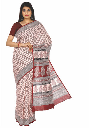 Kalakari India Off-White Bagh Handblock Print Handcrafted Cotton Saree-Saree-Kalakari India-ZIBASA0013-Bagh, Cotton, Geographical Indication, Hand Blocks, Hand Crafted, Heritage Prints, Natural Dyes, Sarees, Sustainable Fabrics-[Linen,Ethnic,wear,Fashionista,Handloom,Handicraft,Indigo,blockprint,block,print,Cotton,Chanderi,Blue, latest,classy,party,bollywood,trendy,summer,style,traditional,formal,elegant,unique,style,hand,block,print, dabu,booti,gift,present,glamorous,affordable,collectible,Sari