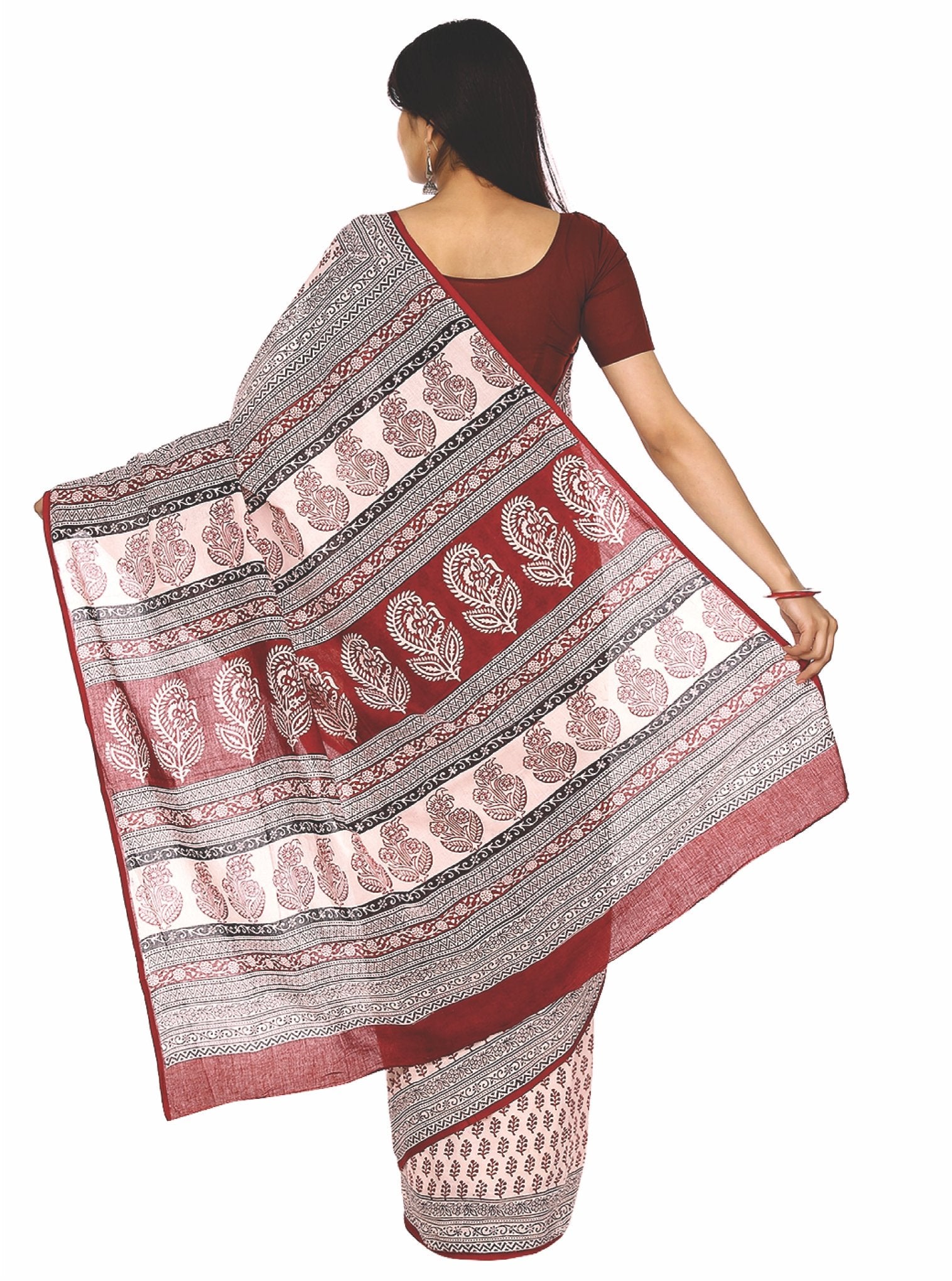 Kalakari India Off-White Bagh Handblock Print Handcrafted Cotton Saree-Saree-Kalakari India-ZIBASA0013-Bagh, Cotton, Geographical Indication, Hand Blocks, Hand Crafted, Heritage Prints, Natural Dyes, Sarees, Sustainable Fabrics-[Linen,Ethnic,wear,Fashionista,Handloom,Handicraft,Indigo,blockprint,block,print,Cotton,Chanderi,Blue, latest,classy,party,bollywood,trendy,summer,style,traditional,formal,elegant,unique,style,hand,block,print, dabu,booti,gift,present,glamorous,affordable,collectible,Sari