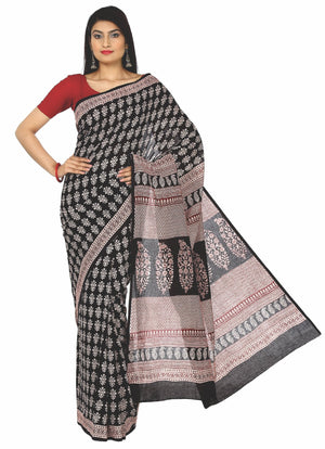 Kalakari India Black Bagh Handblock Print Handcrafted Cotton Saree-Saree-Kalakari India-ZIBASA0014-Bagh, Cotton, Geographical Indication, Hand Blocks, Hand Crafted, Heritage Prints, Natural Dyes, Sarees, Sustainable Fabrics-[Linen,Ethnic,wear,Fashionista,Handloom,Handicraft,Indigo,blockprint,block,print,Cotton,Chanderi,Blue, latest,classy,party,bollywood,trendy,summer,style,traditional,formal,elegant,unique,style,hand,block,print, dabu,booti,gift,present,glamorous,affordable,collectible,Sari,Sar