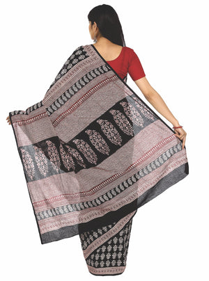 Kalakari India Black Bagh Handblock Print Handcrafted Cotton Saree-Saree-Kalakari India-ZIBASA0014-Bagh, Cotton, Geographical Indication, Hand Blocks, Hand Crafted, Heritage Prints, Natural Dyes, Sarees, Sustainable Fabrics-[Linen,Ethnic,wear,Fashionista,Handloom,Handicraft,Indigo,blockprint,block,print,Cotton,Chanderi,Blue, latest,classy,party,bollywood,trendy,summer,style,traditional,formal,elegant,unique,style,hand,block,print, dabu,booti,gift,present,glamorous,affordable,collectible,Sari,Sar