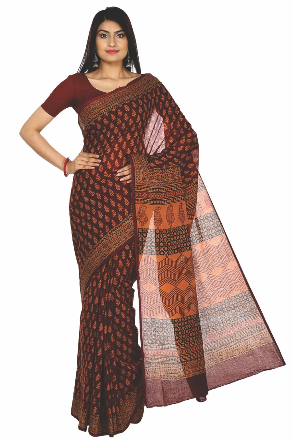 Kalakari India Maroon Bagh Handblock Print Handcrafted Cotton Saree-Saree-Kalakari India-ZIBASA0016-Bagh, Cotton, Geographical Indication, Hand Blocks, Hand Crafted, Heritage Prints, Natural Dyes, Sarees, Sustainable Fabrics-[Linen,Ethnic,wear,Fashionista,Handloom,Handicraft,Indigo,blockprint,block,print,Cotton,Chanderi,Blue, latest,classy,party,bollywood,trendy,summer,style,traditional,formal,elegant,unique,style,hand,block,print, dabu,booti,gift,present,glamorous,affordable,collectible,Sari,Sa