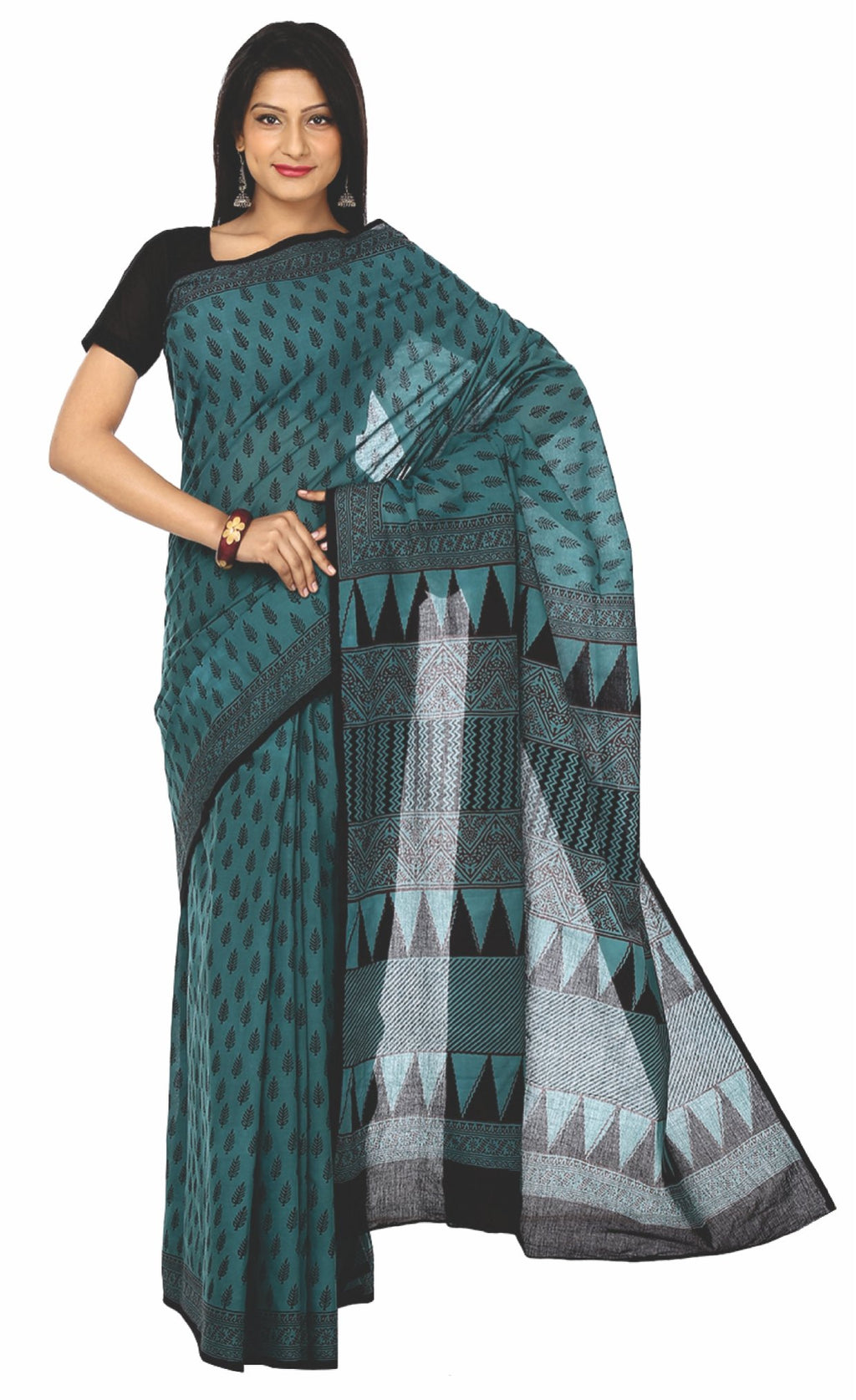 Kalakari India Teal Green Bagh Handblock Print Handcrafted Cotton Saree-Saree-Kalakari India-ZIBASA0017-Bagh, Cotton, Geographical Indication, Hand Blocks, Hand Crafted, Heritage Prints, Natural Dyes, Sarees, Sustainable Fabrics-[Linen,Ethnic,wear,Fashionista,Handloom,Handicraft,Indigo,blockprint,block,print,Cotton,Chanderi,Blue, latest,classy,party,bollywood,trendy,summer,style,traditional,formal,elegant,unique,style,hand,block,print, dabu,booti,gift,present,glamorous,affordable,collectible,Sar