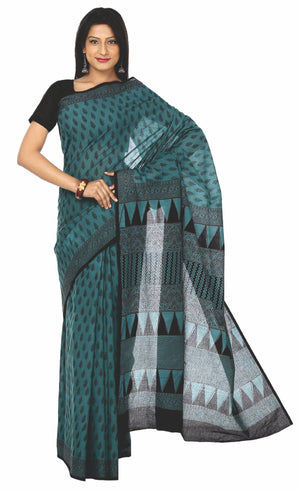 Kalakari India Teal Green Bagh Handblock Print Handcrafted Cotton Saree-Saree-Kalakari India-ZIBASA0017-Bagh, Cotton, Geographical Indication, Hand Blocks, Hand Crafted, Heritage Prints, Natural Dyes, Sarees, Sustainable Fabrics-[Linen,Ethnic,wear,Fashionista,Handloom,Handicraft,Indigo,blockprint,block,print,Cotton,Chanderi,Blue, latest,classy,party,bollywood,trendy,summer,style,traditional,formal,elegant,unique,style,hand,block,print, dabu,booti,gift,present,glamorous,affordable,collectible,Sar