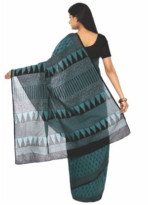 Kalakari India Teal Green Bagh Handblock Print Handcrafted Cotton Saree-Saree-Kalakari India-ZIBASA0017-Bagh, Cotton, Geographical Indication, Hand Blocks, Hand Crafted, Heritage Prints, Natural Dyes, Sarees, Sustainable Fabrics-[Linen,Ethnic,wear,Fashionista,Handloom,Handicraft,Indigo,blockprint,block,print,Cotton,Chanderi,Blue, latest,classy,party,bollywood,trendy,summer,style,traditional,formal,elegant,unique,style,hand,block,print, dabu,booti,gift,present,glamorous,affordable,collectible,Sar