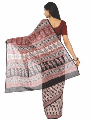 Kalakari India Off-White & Maroon Bagh Handblock Print Handcrafted Cotton Saree-Saree-Kalakari India-ZIBASA0018-Bagh, Cotton, Geographical Indication, Hand Blocks, Hand Crafted, Heritage Prints, Natural Dyes, Sarees, Sustainable Fabrics-[Linen,Ethnic,wear,Fashionista,Handloom,Handicraft,Indigo,blockprint,block,print,Cotton,Chanderi,Blue, latest,classy,party,bollywood,trendy,summer,style,traditional,formal,elegant,unique,style,hand,block,print, dabu,booti,gift,present,glamorous,affordable,collect