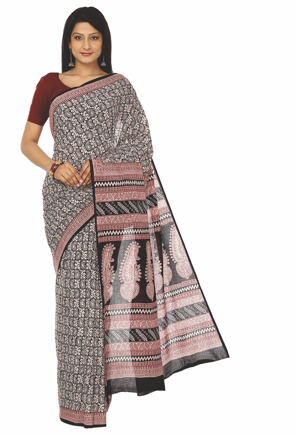 Kalakari India Black Bagh Handblock Print Handcrafted Cotton Saree-Saree-Kalakari India-ZIBASA0019-Bagh, Cotton, Geographical Indication, Hand Blocks, Hand Crafted, Heritage Prints, Natural Dyes, Sarees, Sustainable Fabrics-[Linen,Ethnic,wear,Fashionista,Handloom,Handicraft,Indigo,blockprint,block,print,Cotton,Chanderi,Blue, latest,classy,party,bollywood,trendy,summer,style,traditional,formal,elegant,unique,style,hand,block,print, dabu,booti,gift,present,glamorous,affordable,collectible,Sari,Sar