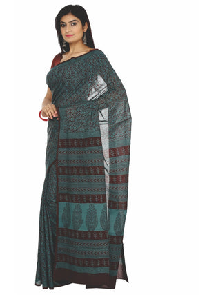 Kalakari India Teal Green Bagh Handblock Print Handcrafted Cotton Saree-Saree-Kalakari India-ZIBASA0020-Bagh, Cotton, Geographical Indication, Hand Blocks, Hand Crafted, Heritage Prints, Natural Dyes, Sarees, Sustainable Fabrics-[Linen,Ethnic,wear,Fashionista,Handloom,Handicraft,Indigo,blockprint,block,print,Cotton,Chanderi,Blue, latest,classy,party,bollywood,trendy,summer,style,traditional,formal,elegant,unique,style,hand,block,print, dabu,booti,gift,present,glamorous,affordable,collectible,Sar