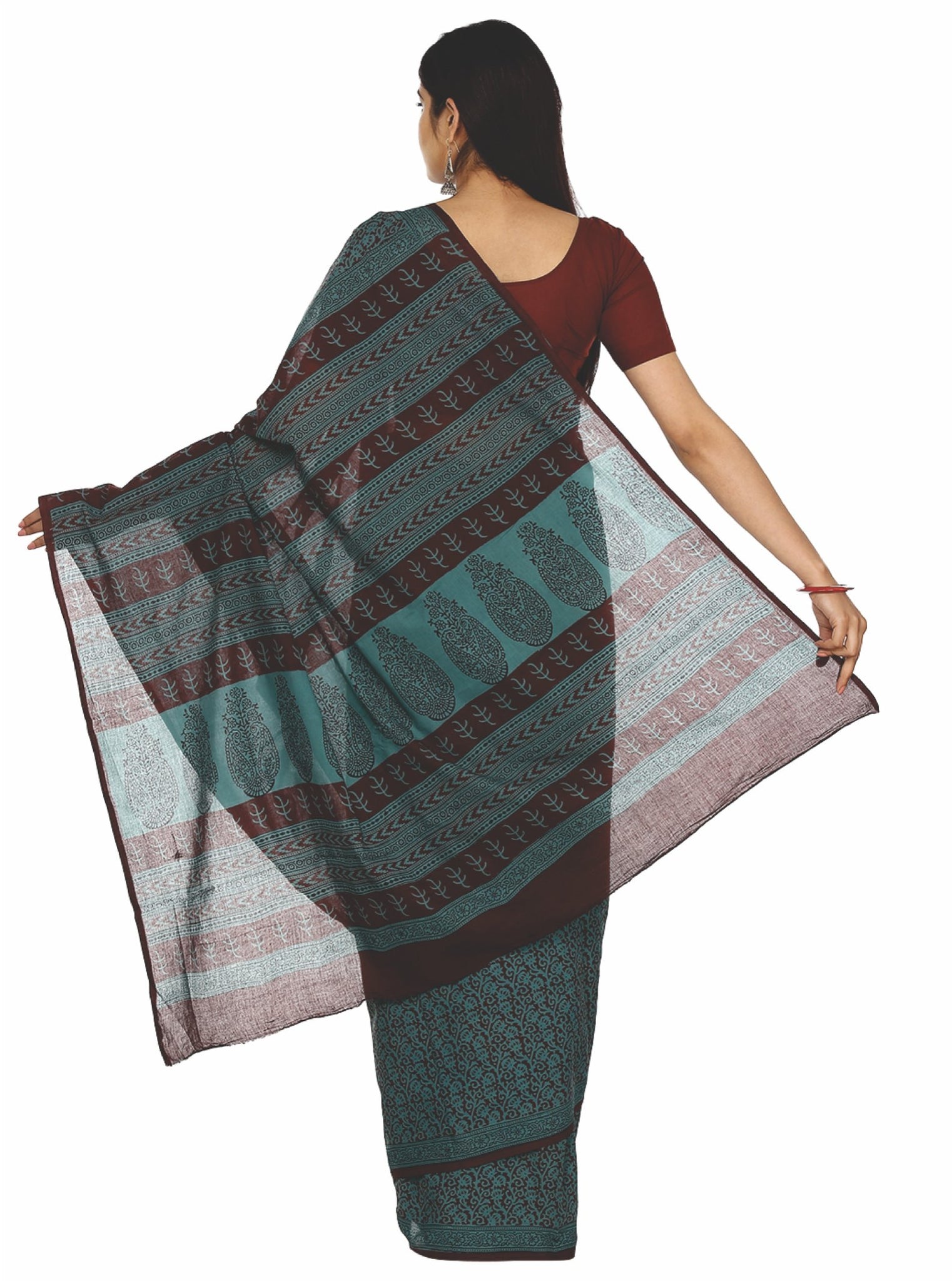 Kalakari India Teal Green Bagh Handblock Print Handcrafted Cotton Saree-Saree-Kalakari India-ZIBASA0020-Bagh, Cotton, Geographical Indication, Hand Blocks, Hand Crafted, Heritage Prints, Natural Dyes, Sarees, Sustainable Fabrics-[Linen,Ethnic,wear,Fashionista,Handloom,Handicraft,Indigo,blockprint,block,print,Cotton,Chanderi,Blue, latest,classy,party,bollywood,trendy,summer,style,traditional,formal,elegant,unique,style,hand,block,print, dabu,booti,gift,present,glamorous,affordable,collectible,Sar