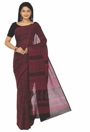 Kalakari India Maroon & Black Bagh Handblock Print Handcrafted Cotton Saree-Saree-Kalakari India-ZIBASA0021-Bagh, Cotton, Geographical Indication, Hand Blocks, Hand Crafted, Heritage Prints, Natural Dyes, Sarees, Sustainable Fabrics-[Linen,Ethnic,wear,Fashionista,Handloom,Handicraft,Indigo,blockprint,block,print,Cotton,Chanderi,Blue, latest,classy,party,bollywood,trendy,summer,style,traditional,formal,elegant,unique,style,hand,block,print, dabu,booti,gift,present,glamorous,affordable,collectible