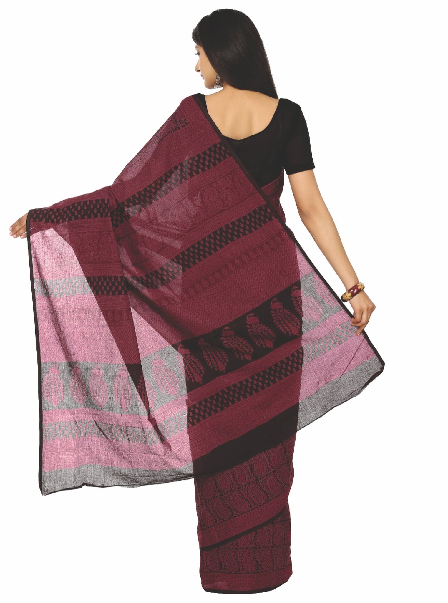 Kalakari India Maroon & Black Bagh Handblock Print Handcrafted Cotton Saree-Saree-Kalakari India-ZIBASA0021-Bagh, Cotton, Geographical Indication, Hand Blocks, Hand Crafted, Heritage Prints, Natural Dyes, Sarees, Sustainable Fabrics-[Linen,Ethnic,wear,Fashionista,Handloom,Handicraft,Indigo,blockprint,block,print,Cotton,Chanderi,Blue, latest,classy,party,bollywood,trendy,summer,style,traditional,formal,elegant,unique,style,hand,block,print, dabu,booti,gift,present,glamorous,affordable,collectible