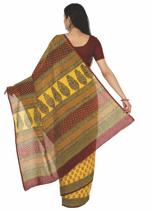 Kalakari India Yellow Bagh Hand block Print Handcrafted Cotton Saree-Saree-Kalakari India-ZIBASA0024-Bagh, Cotton, Geographical Indication, Hand Blocks, Hand Crafted, Heritage Prints, Natural Dyes, Sarees, Sustainable Fabrics-[Linen,Ethnic,wear,Fashionista,Handloom,Handicraft,Indigo,blockprint,block,print,Cotton,Chanderi,Blue, latest,classy,party,bollywood,trendy,summer,style,traditional,formal,elegant,unique,style,hand,block,print, dabu,booti,gift,present,glamorous,affordable,collectible,Sari,S