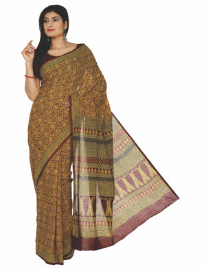 Kalakari India Mustard Yellow Bagh Hand block Print Handcrafted Cotton Saree-Saree-Kalakari India-ZIBASA0025-Bagh, Cotton, Geographical Indication, Hand Blocks, Hand Crafted, Heritage Prints, Natural Dyes, Sarees, Sustainable Fabrics-[Linen,Ethnic,wear,Fashionista,Handloom,Handicraft,Indigo,blockprint,block,print,Cotton,Chanderi,Blue, latest,classy,party,bollywood,trendy,summer,style,traditional,formal,elegant,unique,style,hand,block,print, dabu,booti,gift,present,glamorous,affordable,collectibl