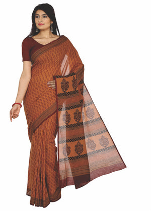 Orange Cotton Handblock Bagh Print Handcrafted Saree-Saree-Kalakari India-ZIBASA0028-Bagh, Cotton, Geographical Indication, Hand Blocks, Hand Crafted, Heritage Prints, Natural Dyes, Sarees, Sustainable Fabrics-[Linen,Ethnic,wear,Fashionista,Handloom,Handicraft,Indigo,blockprint,block,print,Cotton,Chanderi,Blue, latest,classy,party,bollywood,trendy,summer,style,traditional,formal,elegant,unique,style,hand,block,print, dabu,booti,gift,present,glamorous,affordable,collectible,Sari,Saree,printed, ho