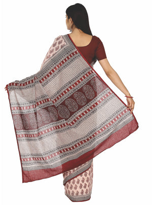 Off-White Cotton Handblock Bagh Print Handcrafted Saree-Saree-Kalakari India-ZIBASA0030-Bagh, Cotton, Geographical Indication, Hand Blocks, Hand Crafted, Heritage Prints, Natural Dyes, Sarees, Sustainable Fabrics-[Linen,Ethnic,wear,Fashionista,Handloom,Handicraft,Indigo,blockprint,block,print,Cotton,Chanderi,Blue, latest,classy,party,bollywood,trendy,summer,style,traditional,formal,elegant,unique,style,hand,block,print, dabu,booti,gift,present,glamorous,affordable,collectible,Sari,Saree,printed,