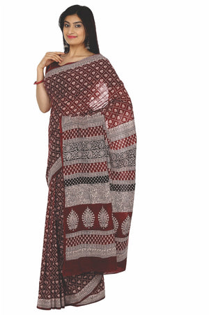 Maroon Cotton Handblock Bagh Print Handcrafted Saree-Saree-Kalakari India-ZIBASA0031-Bagh, Cotton, Geographical Indication, Hand Blocks, Hand Crafted, Heritage Prints, Natural Dyes, Sarees, Sustainable Fabrics-[Linen,Ethnic,wear,Fashionista,Handloom,Handicraft,Indigo,blockprint,block,print,Cotton,Chanderi,Blue, latest,classy,party,bollywood,trendy,summer,style,traditional,formal,elegant,unique,style,hand,block,print, dabu,booti,gift,present,glamorous,affordable,collectible,Sari,Saree,printed, ho