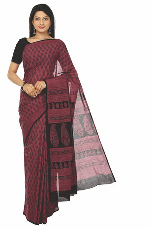 Maroon Cotton Handblock Bagh Print Handcrafted Saree-Saree-Kalakari India-ZIBASA0033-Bagh, Cotton, Geographical Indication, Hand Blocks, Hand Crafted, Heritage Prints, Natural Dyes, Sarees, Sustainable Fabrics-[Linen,Ethnic,wear,Fashionista,Handloom,Handicraft,Indigo,blockprint,block,print,Cotton,Chanderi,Blue, latest,classy,party,bollywood,trendy,summer,style,traditional,formal,elegant,unique,style,hand,block,print, dabu,booti,gift,present,glamorous,affordable,collectible,Sari,Saree,printed, ho