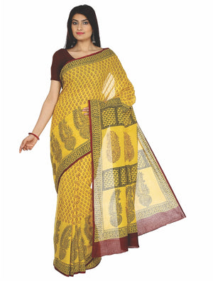 Yellow Cotton Handblock Bagh Print Handcrafted Saree-Saree-Kalakari India-ZIBASA0034-Bagh, Cotton, Geographical Indication, Hand Blocks, Hand Crafted, Heritage Prints, Natural Dyes, Sarees, Sustainable Fabrics-[Linen,Ethnic,wear,Fashionista,Handloom,Handicraft,Indigo,blockprint,block,print,Cotton,Chanderi,Blue, latest,classy,party,bollywood,trendy,summer,style,traditional,formal,elegant,unique,style,hand,block,print, dabu,booti,gift,present,glamorous,affordable,collectible,Sari,Saree,printed, ho