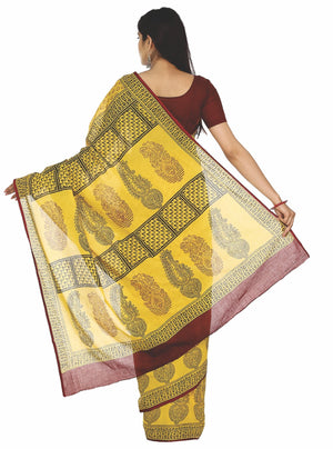 Yellow Cotton Handblock Bagh Print Handcrafted Saree-Saree-Kalakari India-ZIBASA0034-Bagh, Cotton, Geographical Indication, Hand Blocks, Hand Crafted, Heritage Prints, Natural Dyes, Sarees, Sustainable Fabrics-[Linen,Ethnic,wear,Fashionista,Handloom,Handicraft,Indigo,blockprint,block,print,Cotton,Chanderi,Blue, latest,classy,party,bollywood,trendy,summer,style,traditional,formal,elegant,unique,style,hand,block,print, dabu,booti,gift,present,glamorous,affordable,collectible,Sari,Saree,printed, ho