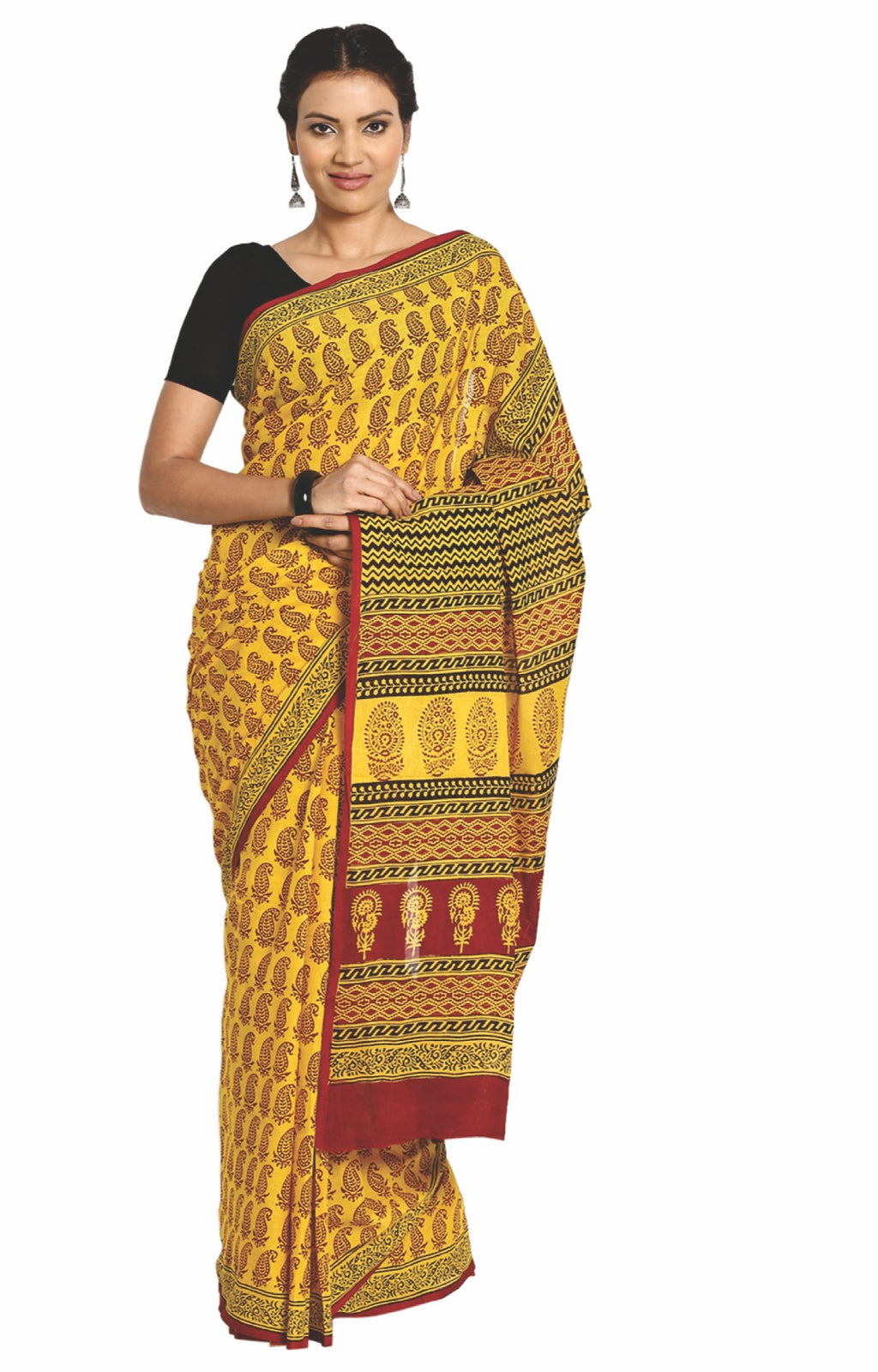 Yellow Cotton Hand Block Bagh Print Handcrafted Saree-Saree-Kalakari India-ZIBASA0037-Bagh, Cotton, Geographical Indication, Hand Blocks, Hand Crafted, Heritage Prints, Natural Dyes, Sarees, Sustainable Fabrics-[Linen,Ethnic,wear,Fashionista,Handloom,Handicraft,Indigo,blockprint,block,print,Cotton,Chanderi,Blue, latest,classy,party,bollywood,trendy,summer,style,traditional,formal,elegant,unique,style,hand,block,print, dabu,booti,gift,present,glamorous,affordable,collectible,Sari,Saree,printed, h
